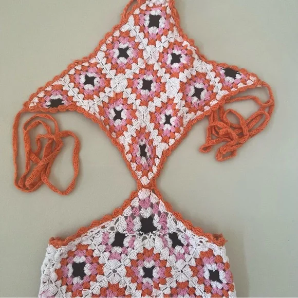 Bershka Orange White Pink Black Crochet Cutout Dress K-14 - Picture 5 of 13